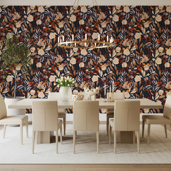 Twilight Blooms floral pattern warms a dining room as removable wallpaper GD12057
