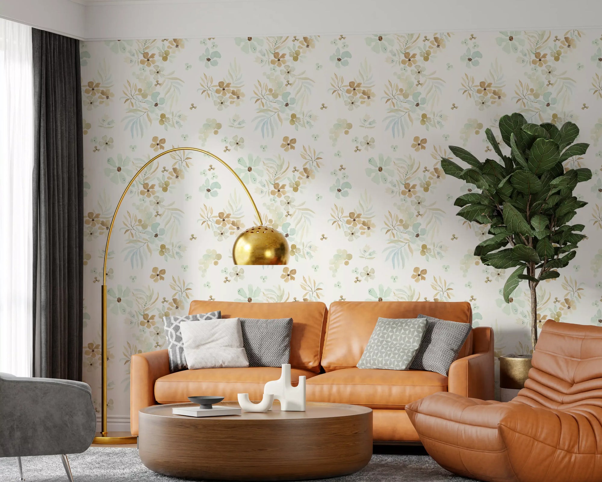 Wallpaper spreading watercolor petals through a living room, GD12060

