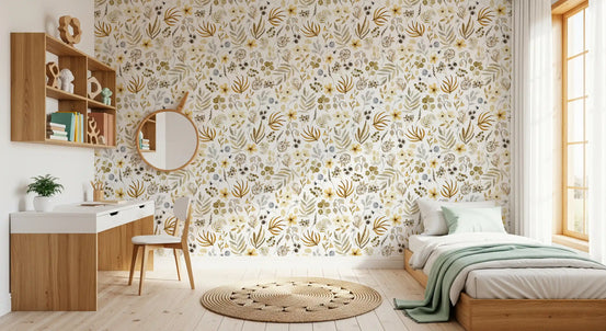 Wallpaper of earthy meadow flora softening a calm bedroom GD12061