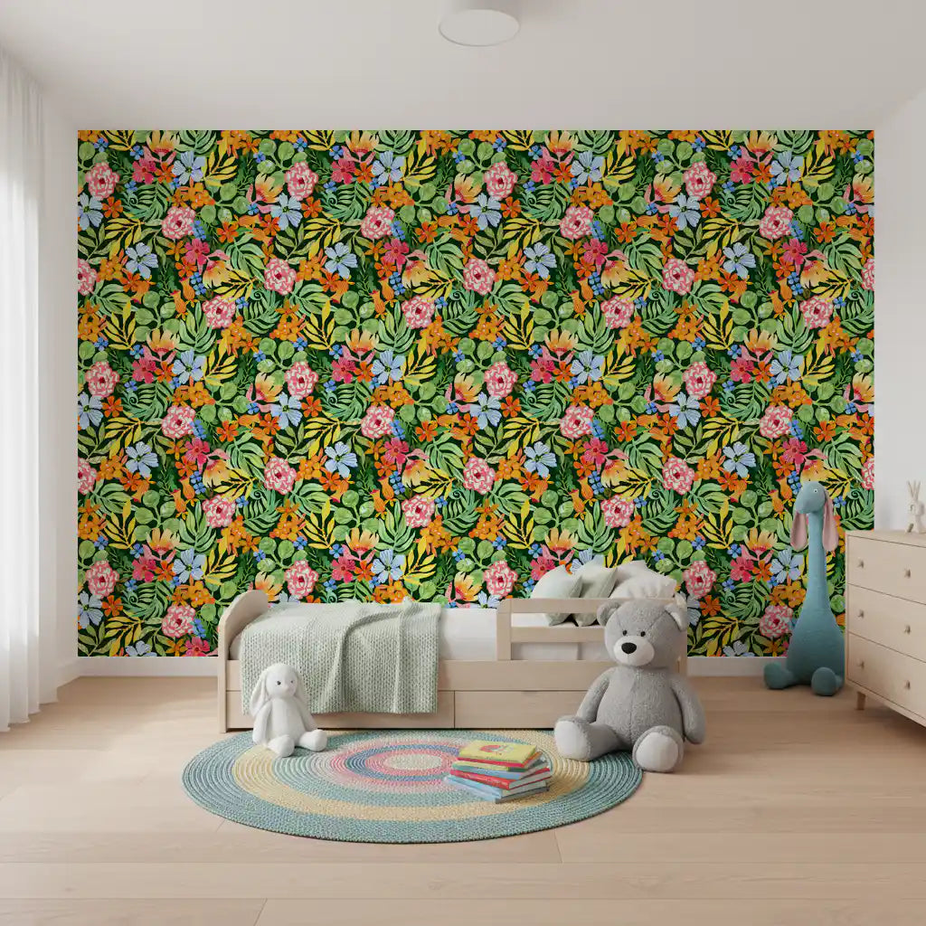 Vibrant Botanical Garden Illustration Wallpaper⁠