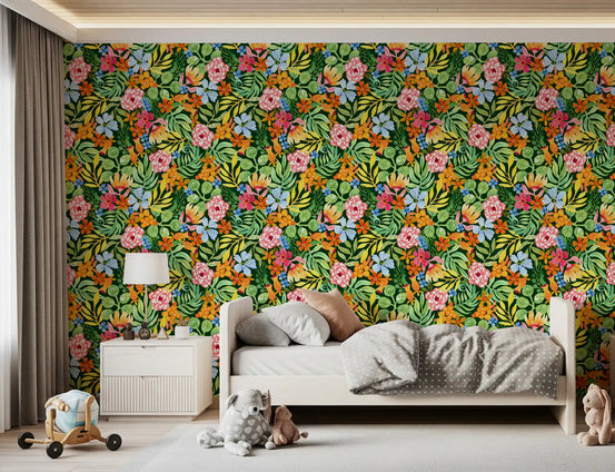 Kids' room glowing with wallpaper blooms in pink, orange, and blue GD12065