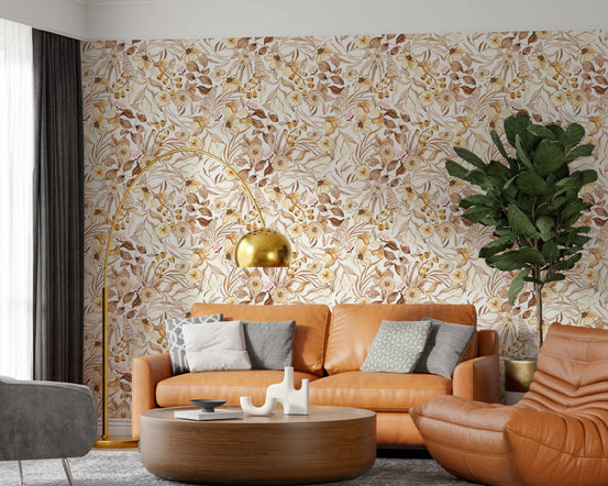 Living room dressed in Rustic Earthy Meadow wallpaper GD12066