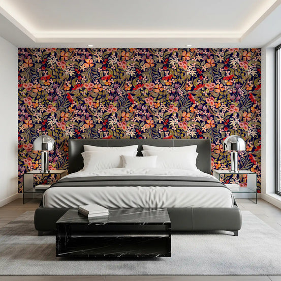 Twilight berry orchard wallpaper glowing behind a calm bedroom GD12068
