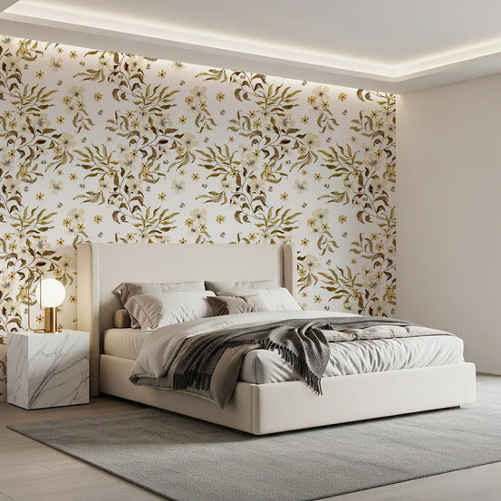 Earthy botanical vines wallpaper trailing behind a calm bedroom GD12072