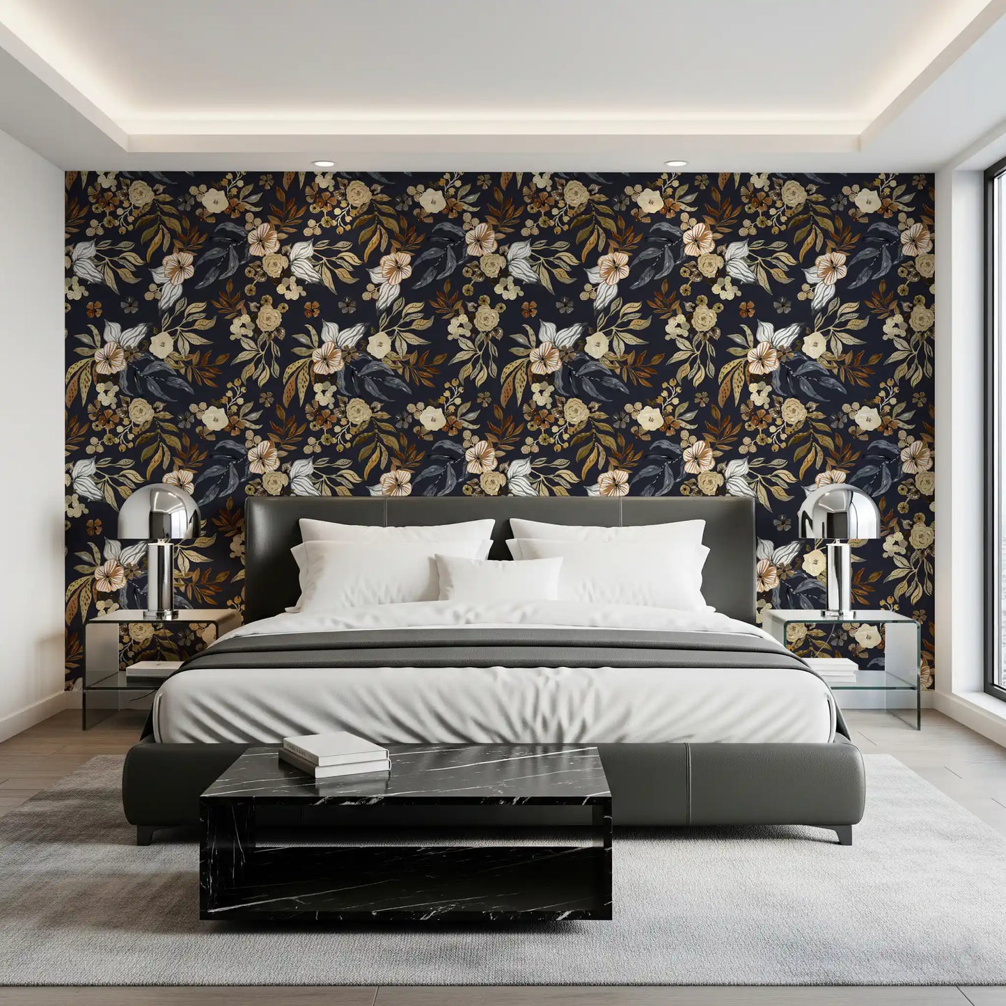 Dark Botanical Floral Illustration Wallpaper⁠