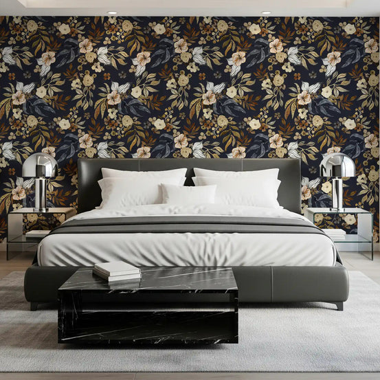 Charcoal botanical wallpaper behind a pale Bedroom GD12074