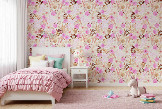 Living room aglow with Watercolor Garden Blooms wallpaper, pink and cream GD12075