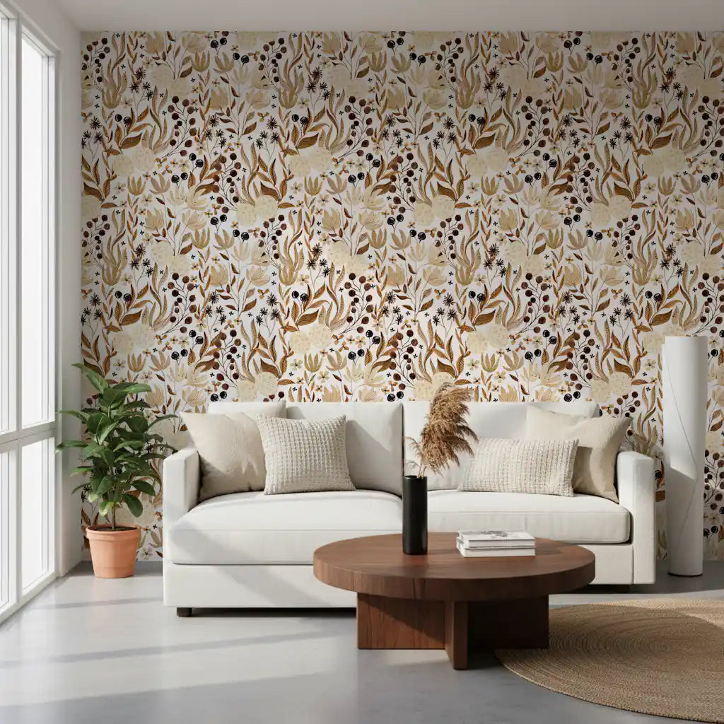Living room styled with Autumn Meadow botanical wallpaper GD12076