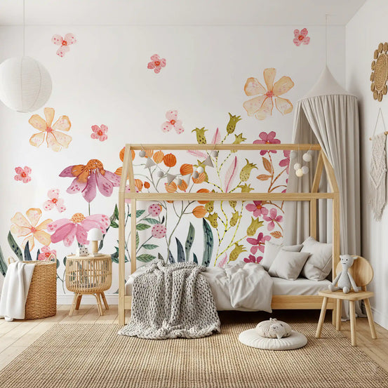 Watercolor meadow wall mural blooming gently in a Kids Bedroom GD12078