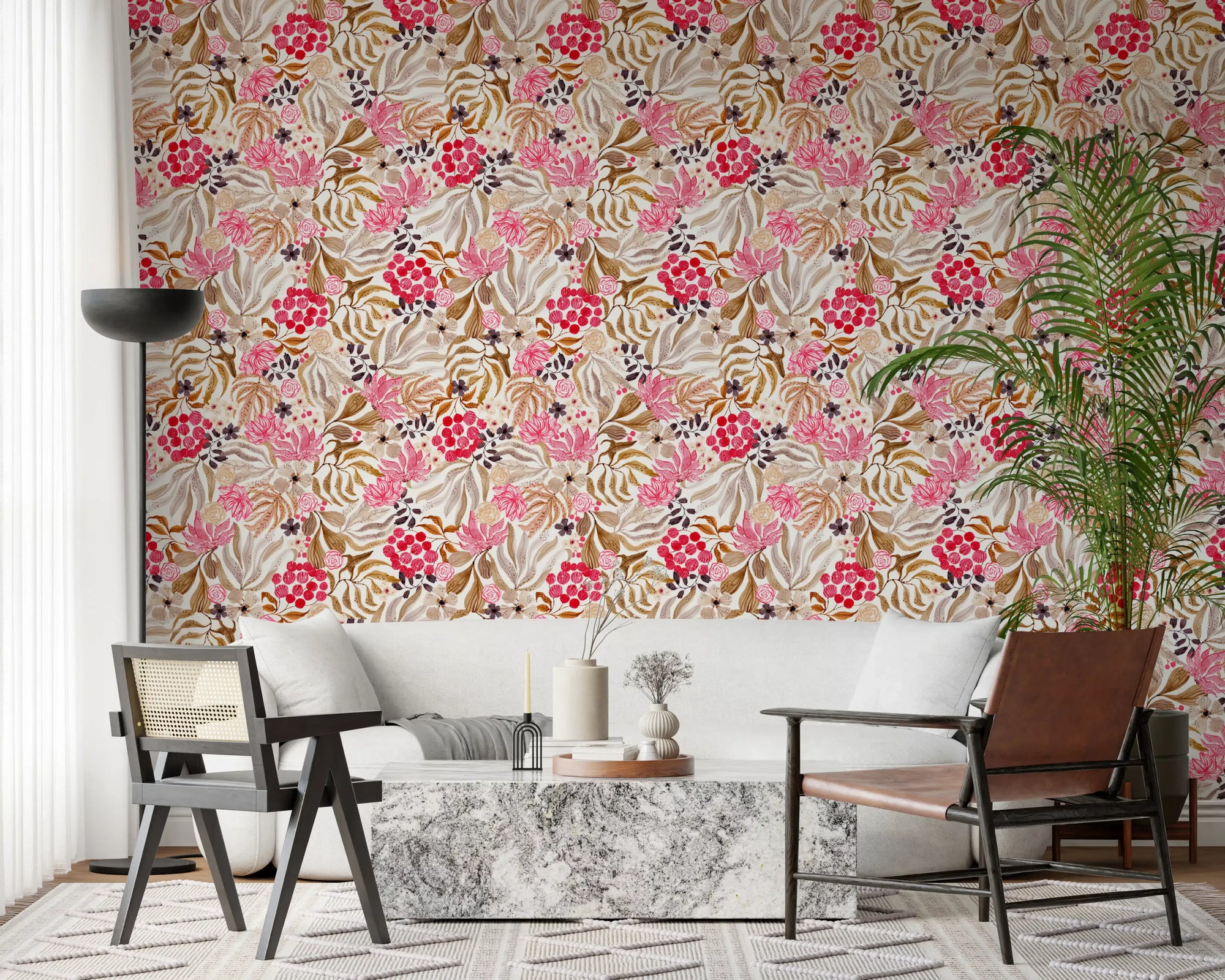 Living room styled in Modern Whimsical Berry Garden wallpaper GD12079