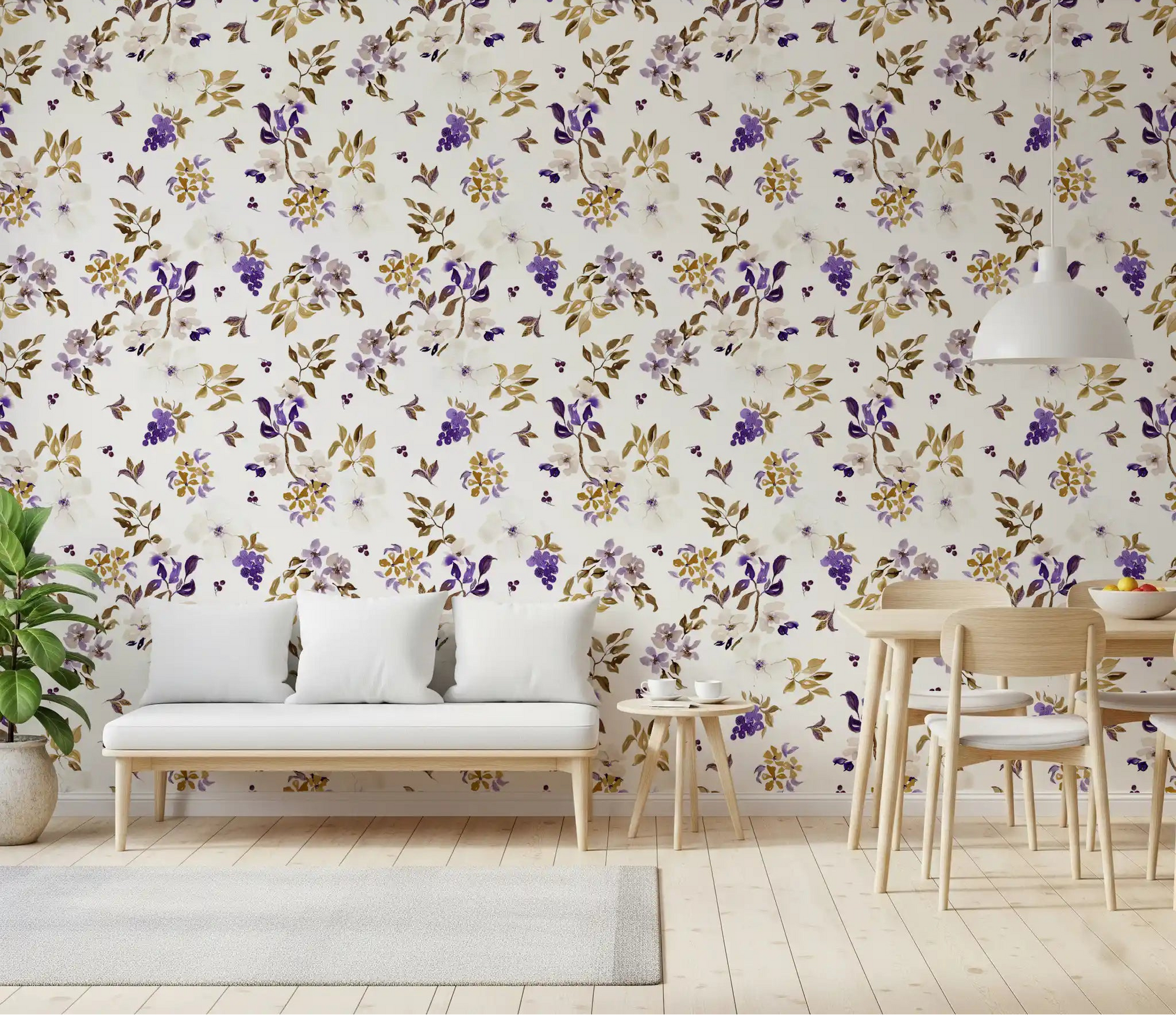 Dining room feature wearing Violet and Gold Botanical Trails wallpaper GD12080