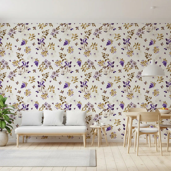 Dining room feature wearing Violet and Gold Botanical Trails wallpaper GD12080