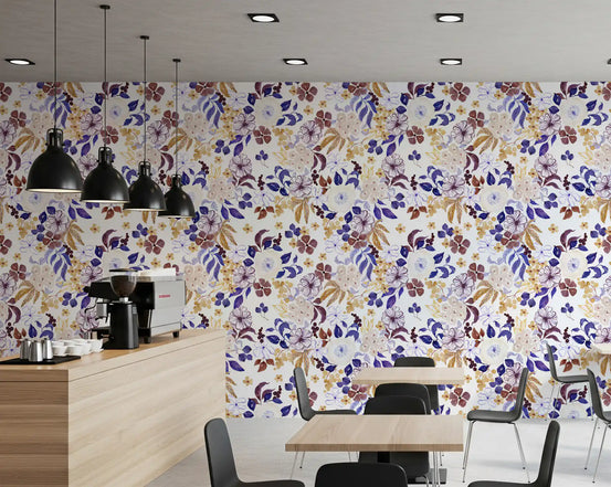 Indigo and ochre floral wallpaper behind a relaxed café GD12082