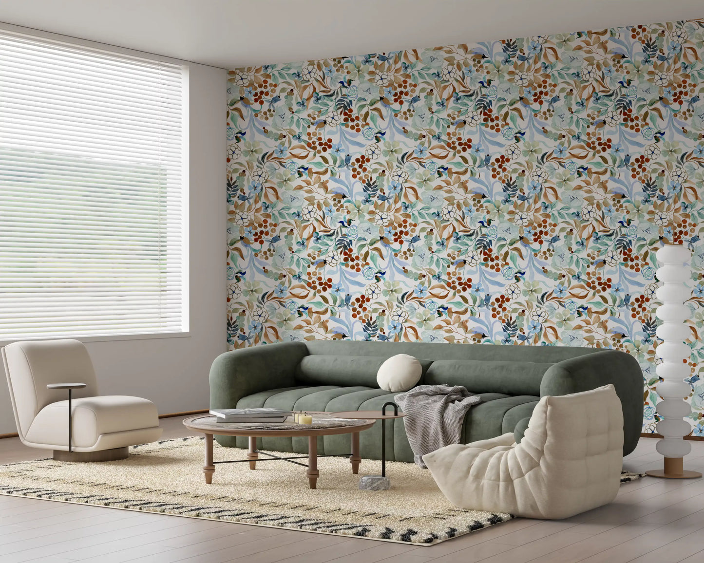 Soft Sage and Blue Meadow Pattern Wallpaper⁠