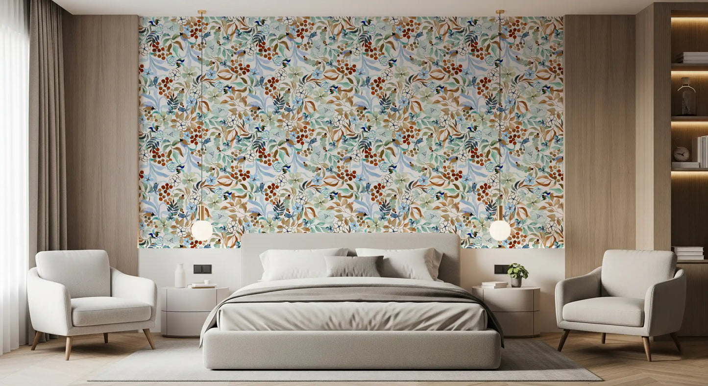 Soft Sage and Blue Meadow Pattern Wallpaper⁠