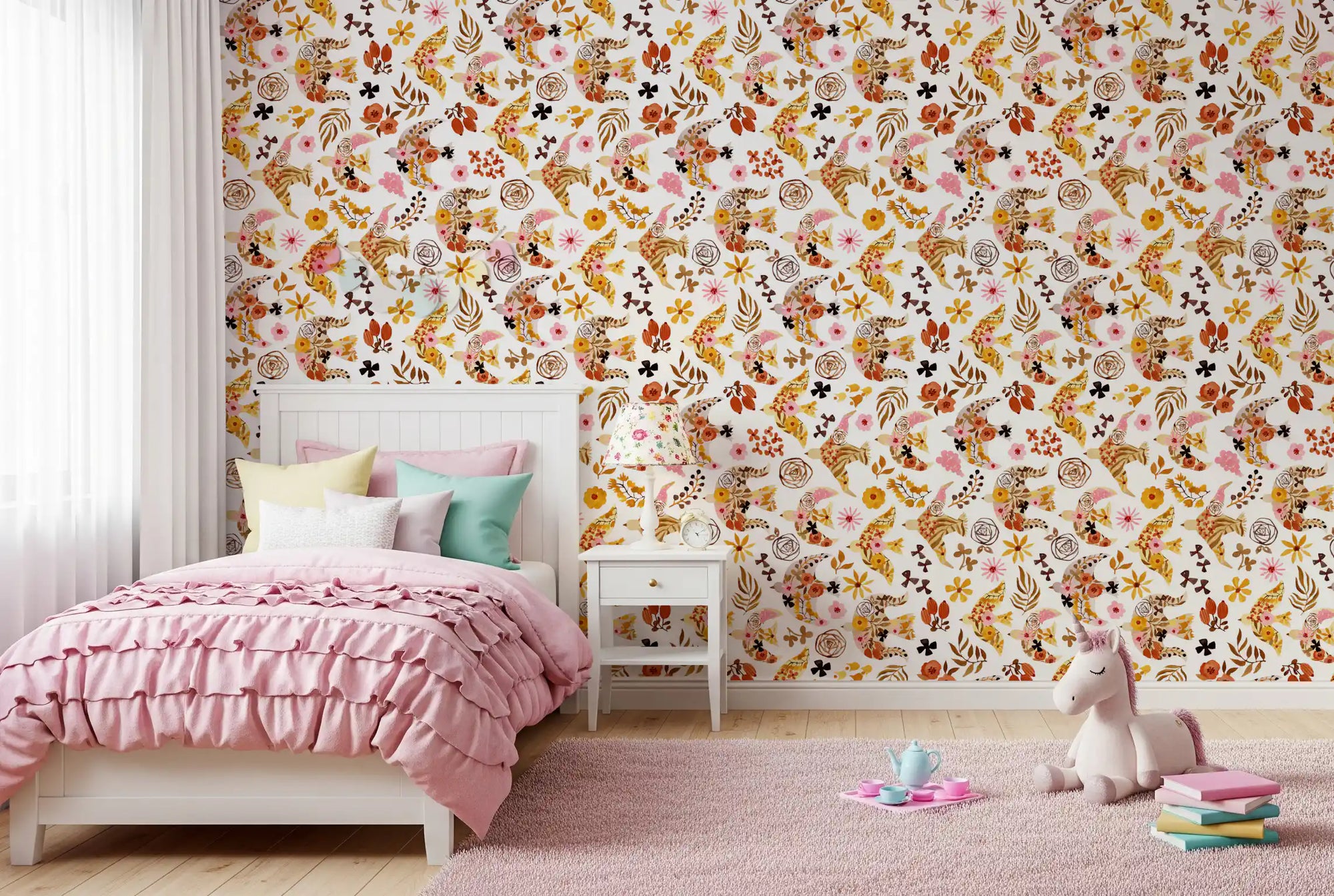 Wallpaper full of birds and blooms warms a cheerful kids' room GD12085