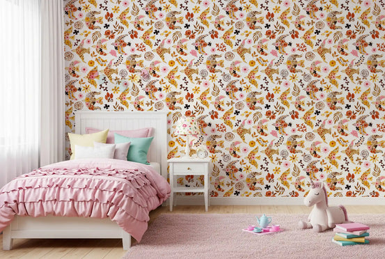 Wallpaper full of birds and blooms warms a cheerful kids' room GD12085