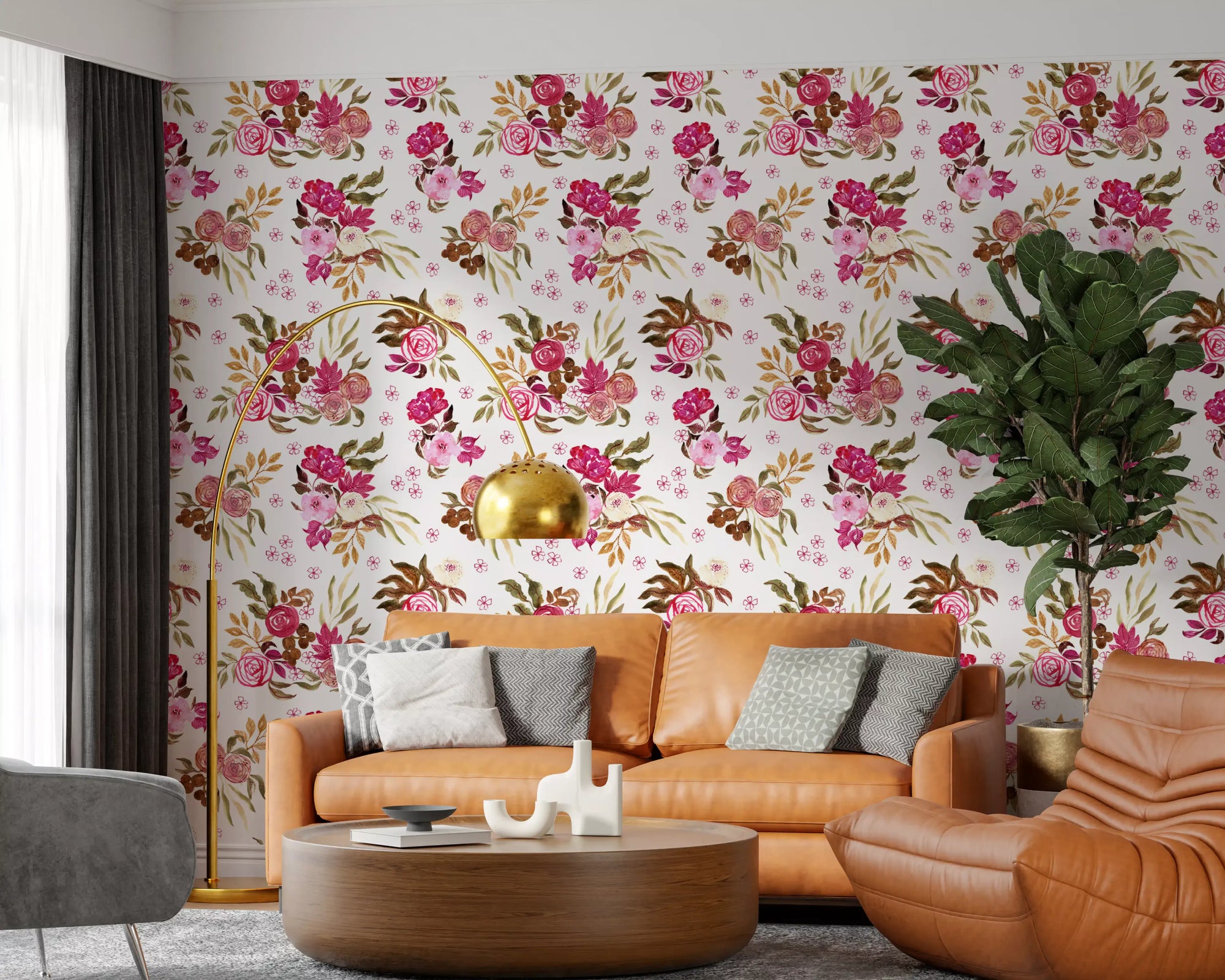 Wallpaper in crimson roses spreads garden bouquets behind a living room, GD12086