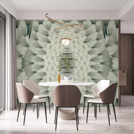 Pale sculptural petals open across the Gardenia wall mural behind a dining room GD12090
