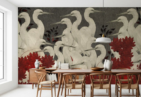 Crimson Crane Assemblage wall mural warms a Dining room with cream and red GD12093