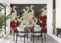 Crimson Crane Assemblage Floral Wall Mural