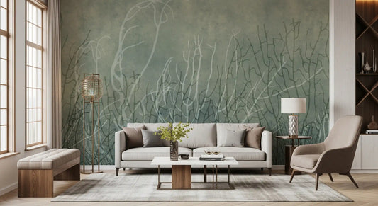 Glacial Waters wall mural lifts a living room with coral fans in sage and teal, GD12101