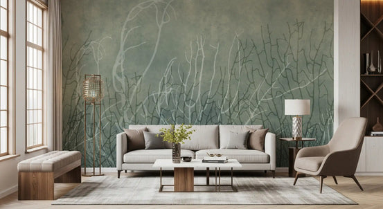 Glacial Waters wall mural lifts a living room with coral fans in sage and teal, GD12101