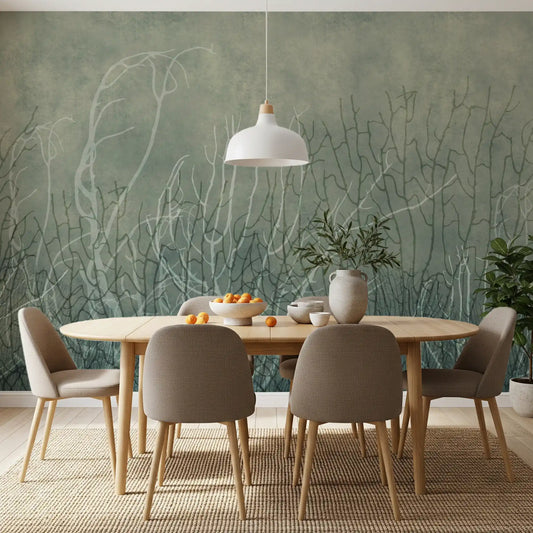 Coral sea fans float across a dining room, misty green wall mural, GD12101