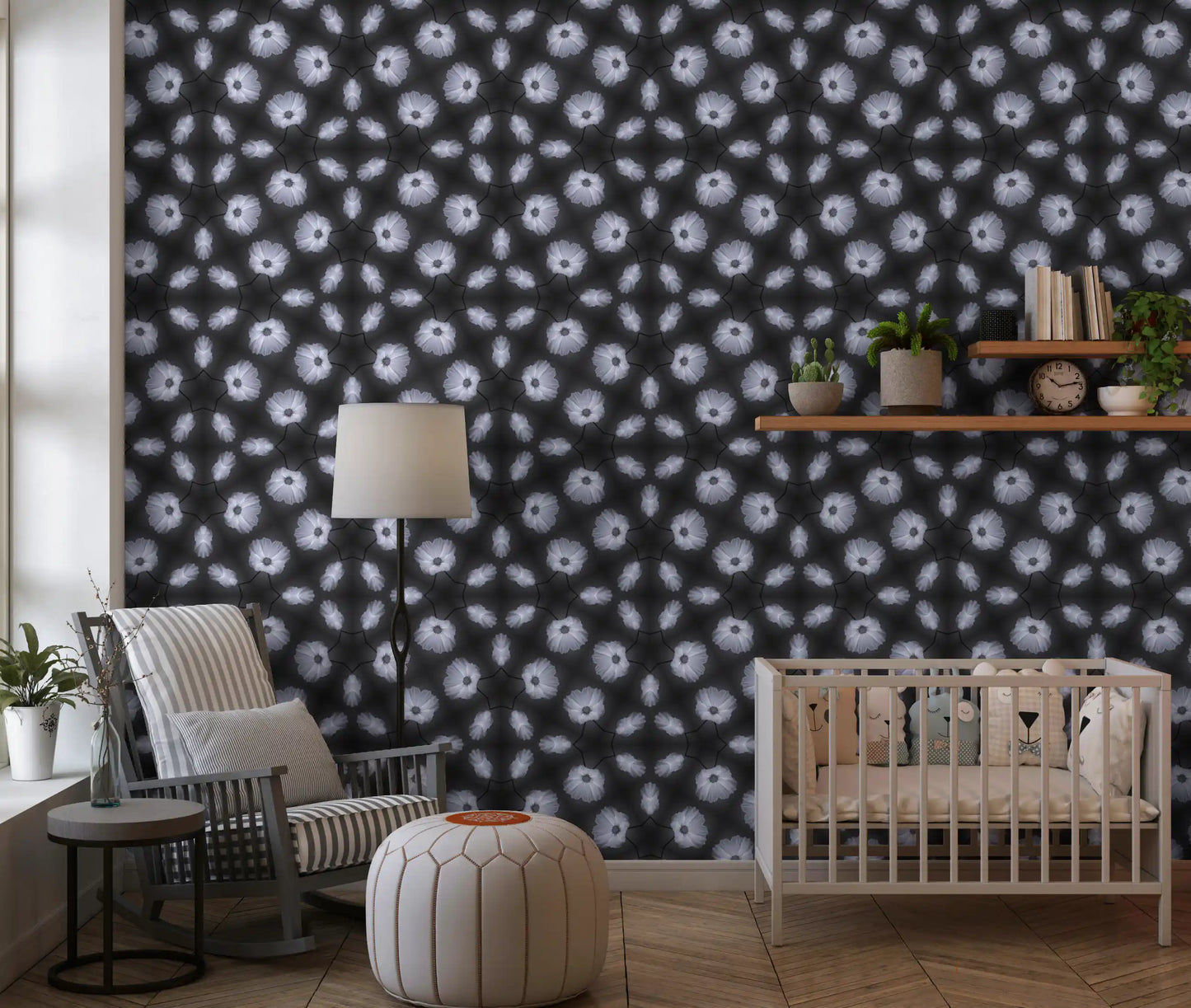 Monochrome Floral Kaleidoscope Wallpaper⁠