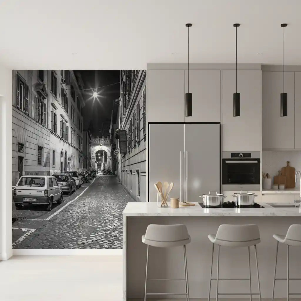 Moody night alley warms a kitchen in the Nighttime Cobblestone Alley wall mural. GD12119
