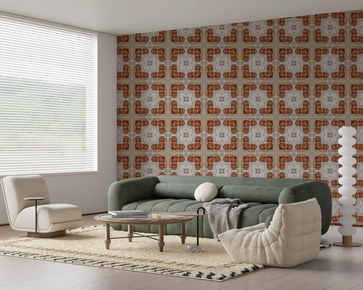 Terracotta tiles wrap a living room in the Aged Masonry Mosaic wallpaper. GD12133