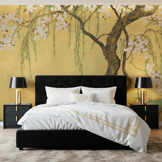 Draped blooms quiet a bedroom on the Oriental Blossom Garden wall mural. GD12156