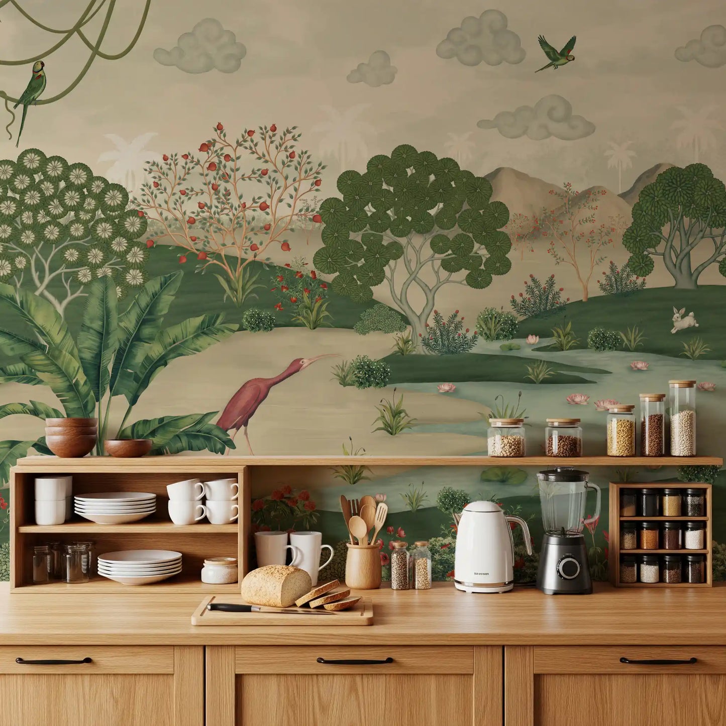Botanical Heron Meadow Wall Mural