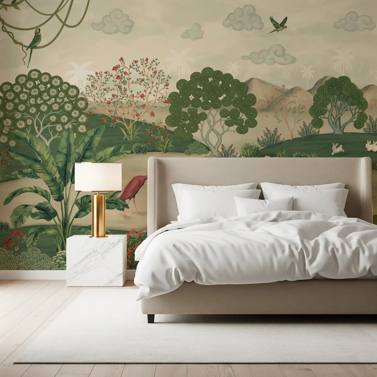 Botanical heron meadow wall mural calms a green bedroom GD12166

