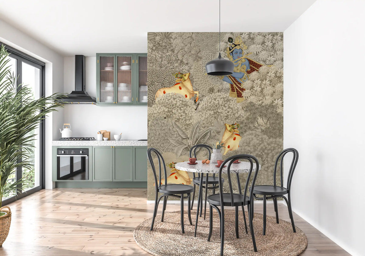 Krishna and cows forest scene wall mural warms a dining room GD12168