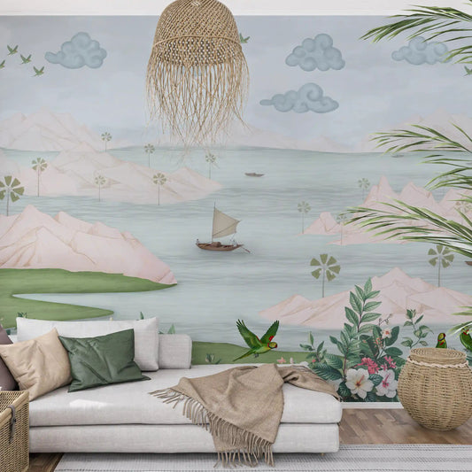A misty lake and boat cool a lounge wall mural GD12177
