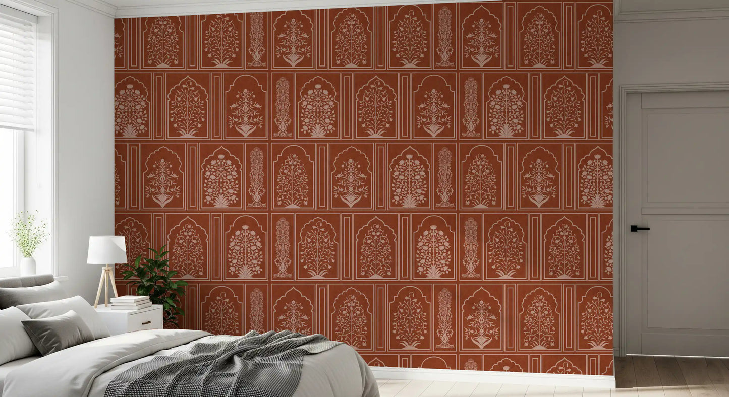 Mughal Terracotta Floral Archway Wall Mural