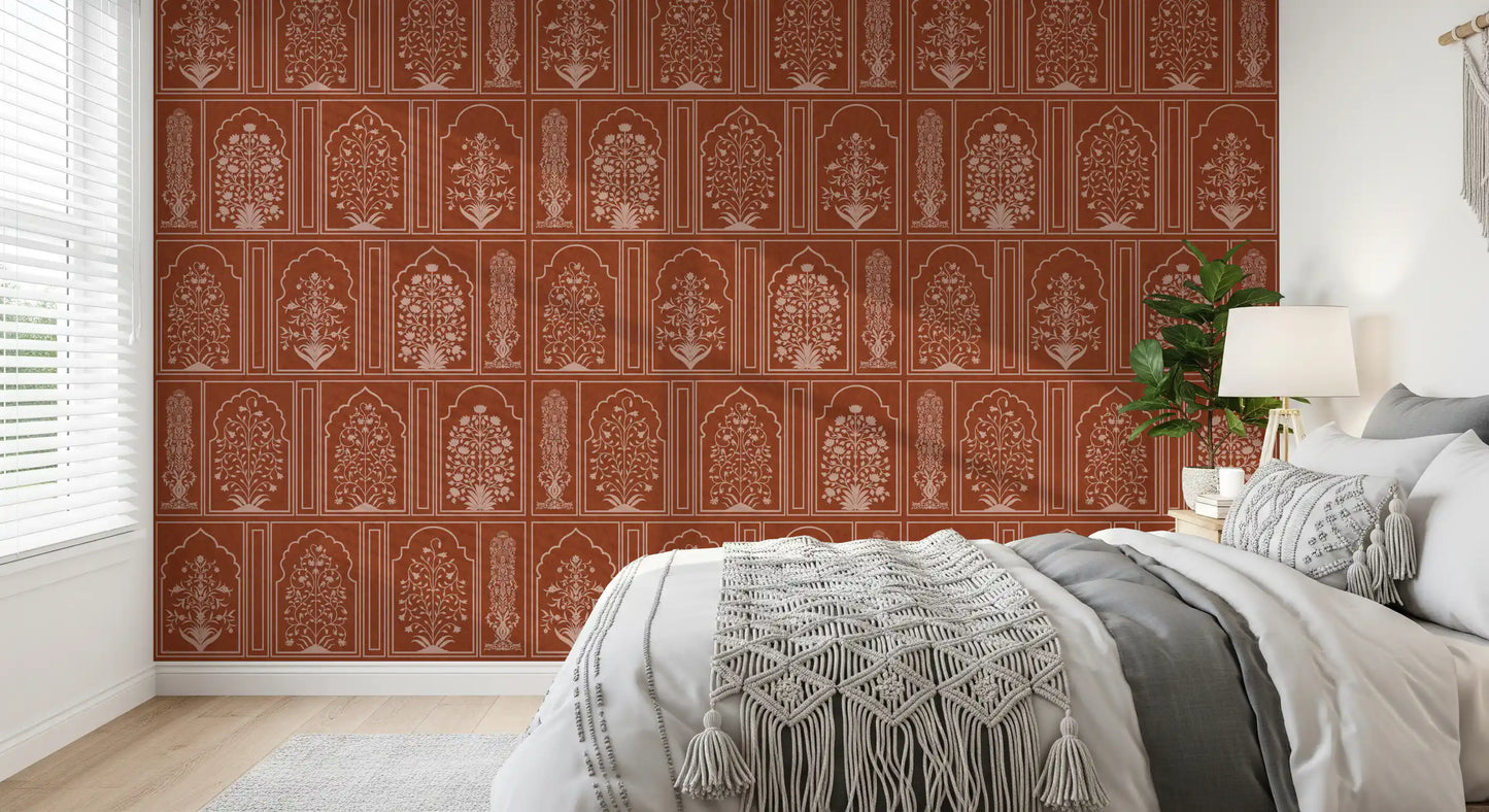 Mughal Terracotta Floral Archway Wall Mural