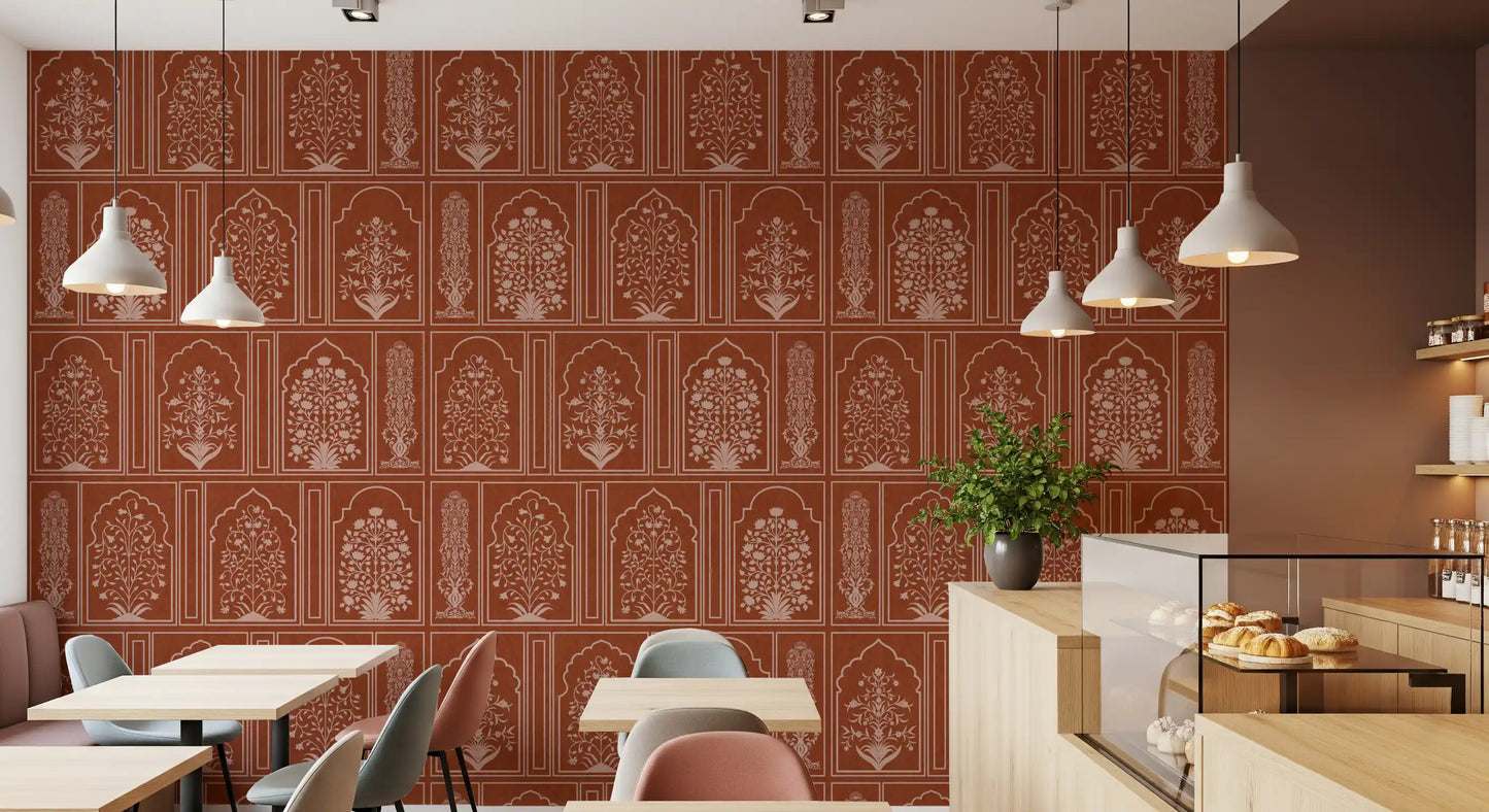 Mughal Terracotta Floral Archway Wall Mural