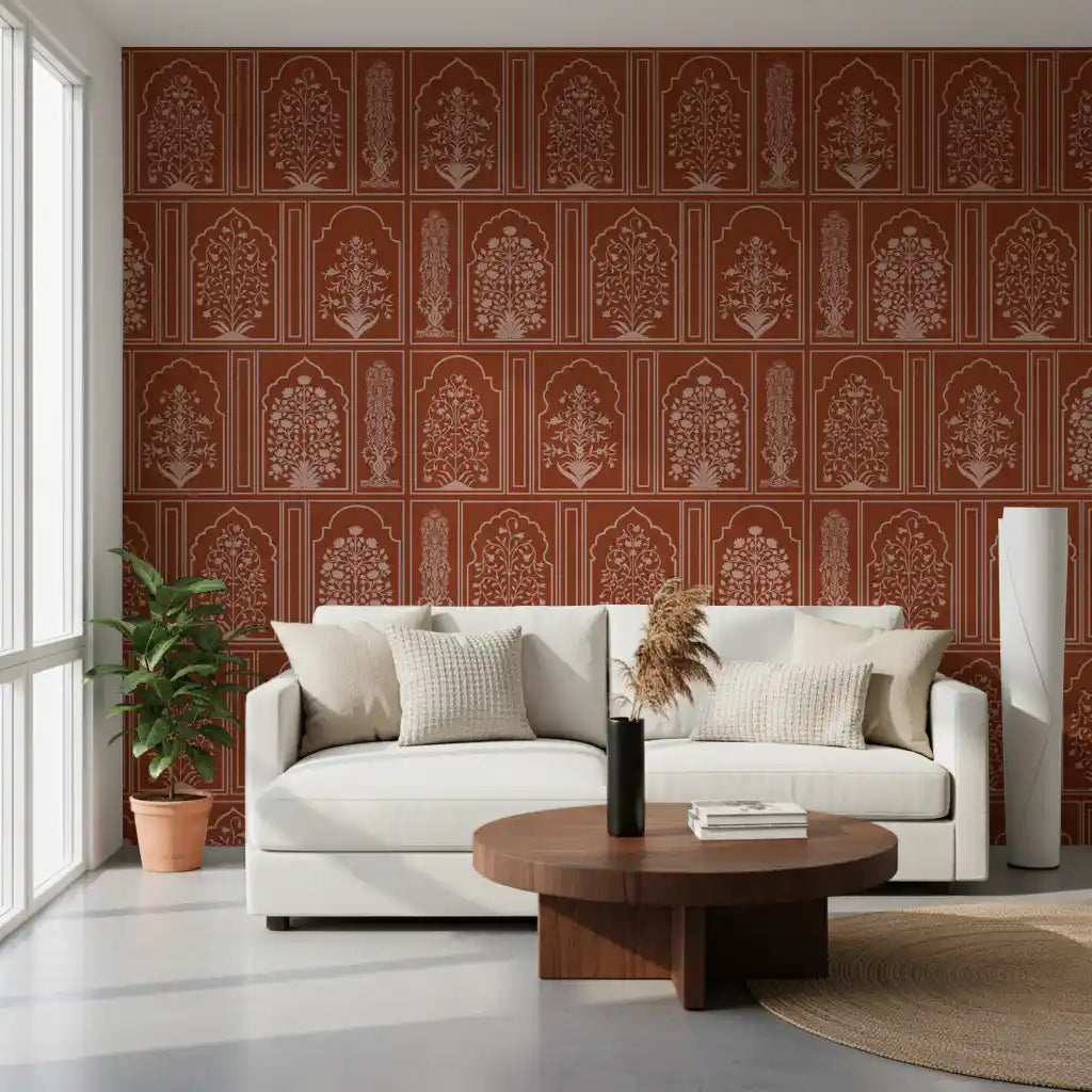 Mughal Terracotta Floral Archway Wall Mural