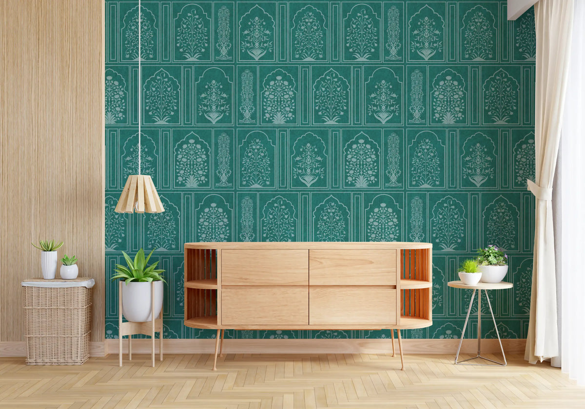 Teal garden archways wall mural calms a warm hallway GD12179
