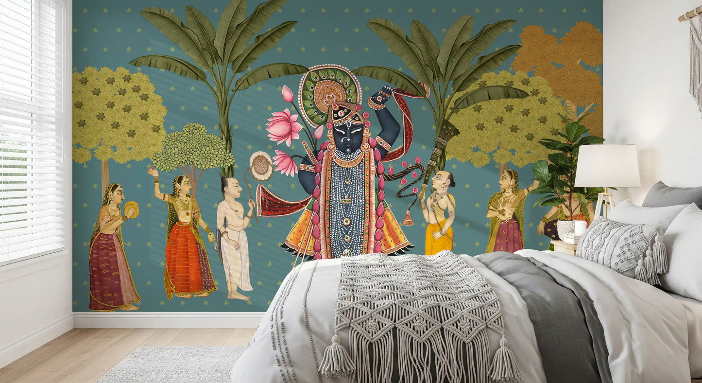 Krishna Divine Garden Illustration Wall Mural