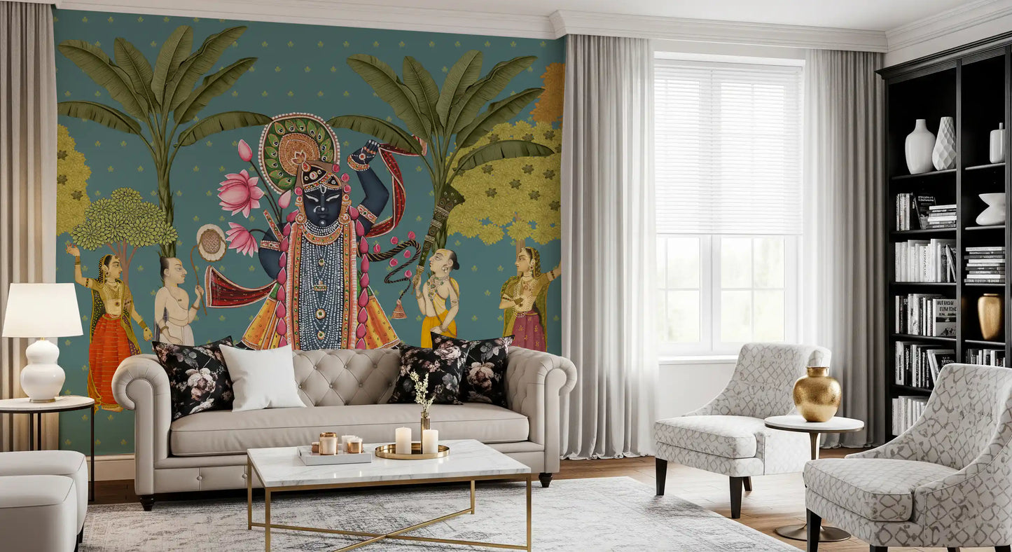 Krishna Divine Garden Illustration Wall Mural
