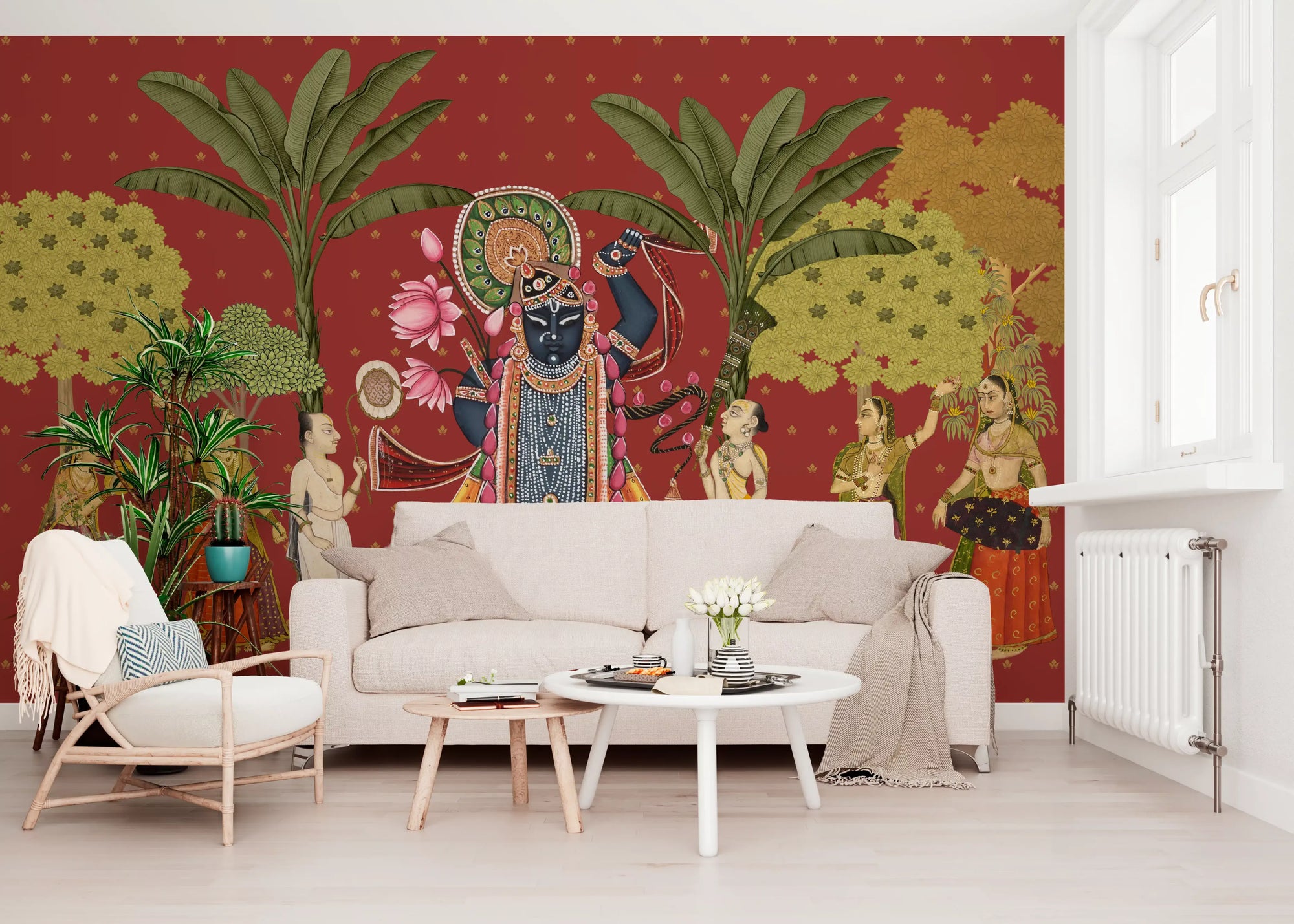 Krishna and gopis traditional wall mural warms a red living room GD12186
