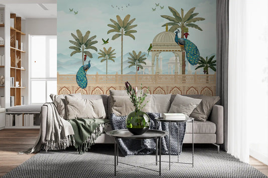 Exotic pavilion peacocks wall mural calms a warm living room GD12187
