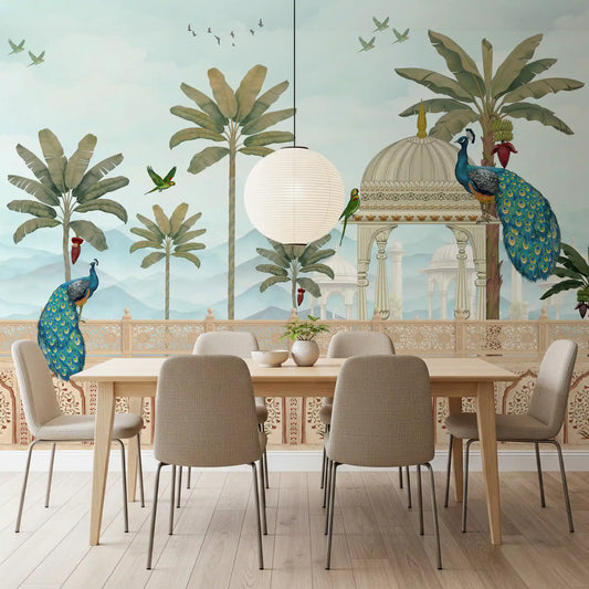 Peacocks and palms rise over this wall mural in a dining room GD12187

