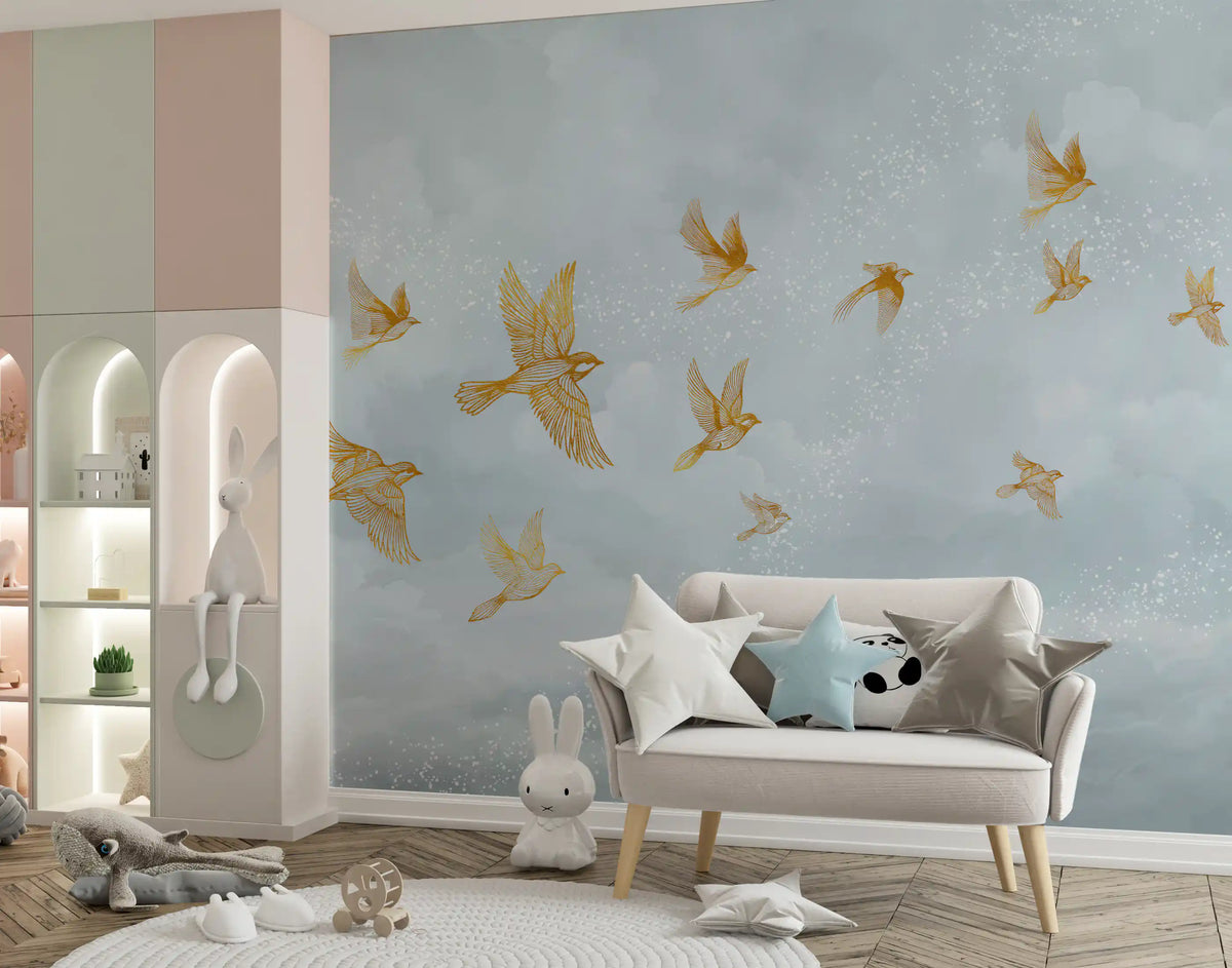 Golden avian flight wall mural calms a gentle nursery GD12189
