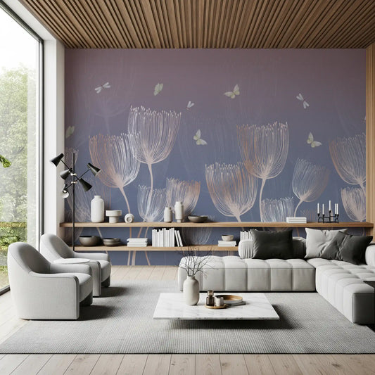 Sketched dandelions drift over a living room wall mural GD12193
