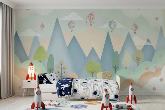 Dreamy Hot Air Balloon Mountain Adventure Wall Mural
