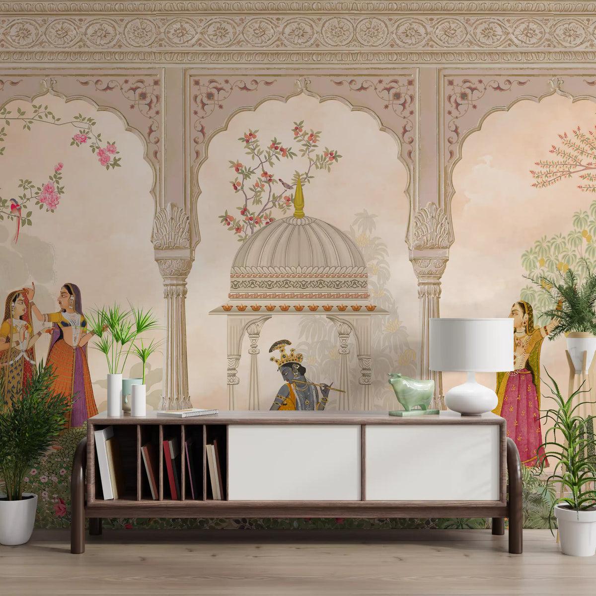 Krishna and gopis court scene wall mural warms a peach hallway GD12196